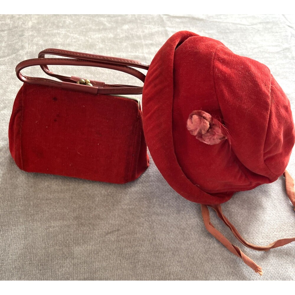 Vintage Child Girl's Winter Velvet Hat and Purse with Handkerchief 1930s-1940s